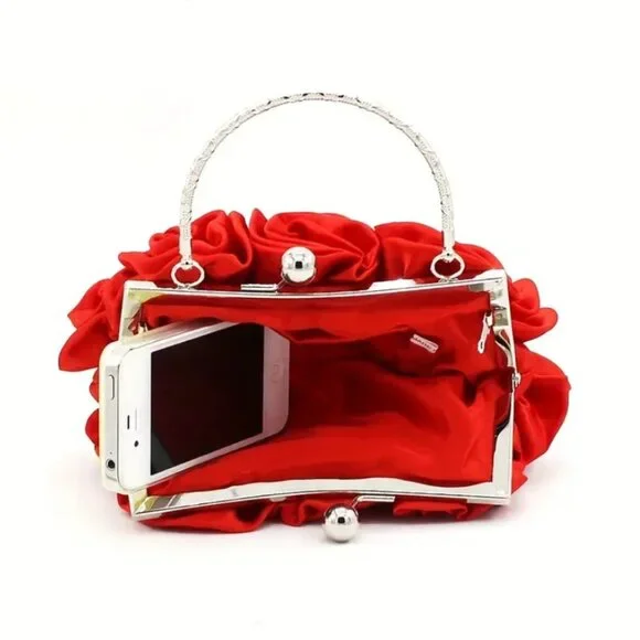 Elegant RED Satin Roses Clutch Purse Handbag w/ Rhinestone Handle & Chain NEW - Picture 5 of 8